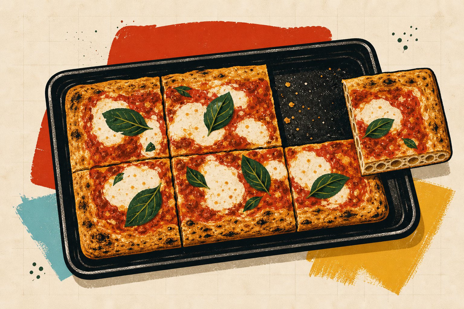 Stylized Roman-style pizza tray with a corner slice lifted from an empty slot