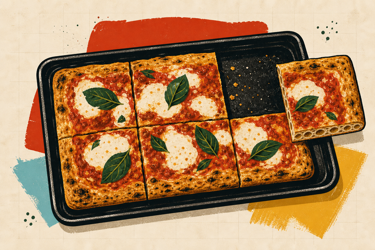 Stylized Roman-style pizza tray with a corner slice lifted from an empty slot